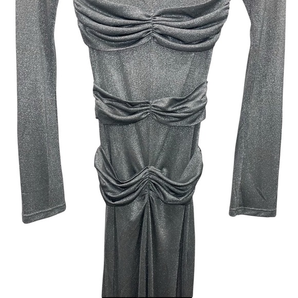 PHEME Silver Mesh Maxi Dress XS Stretch Ruched Long Sleeve Evening Sparkle Gown - Picture 9 of 13